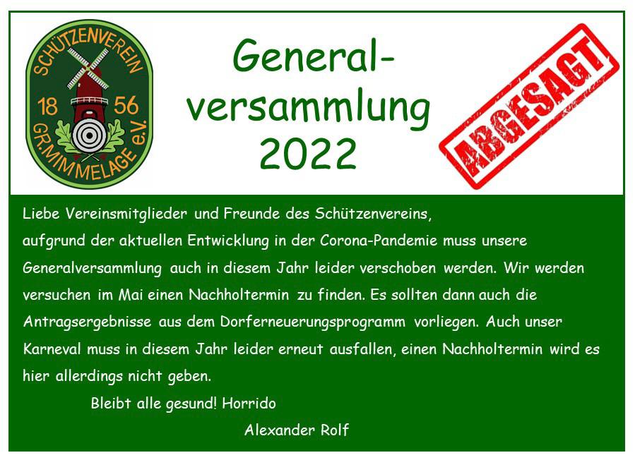 Generalversammlung abgesagt